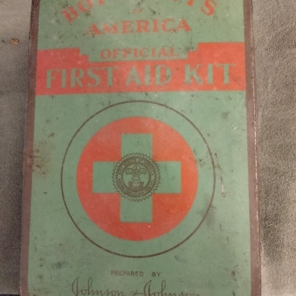 Vintage Boy Scouts of America First Aid Kit w/ Metal Green Case  and Supplies